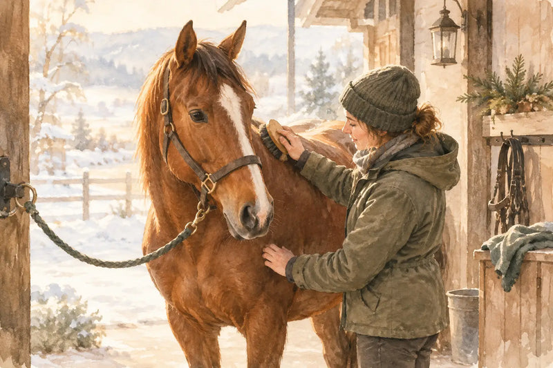 Pferd putzen im Winter mit ruhiger Routine