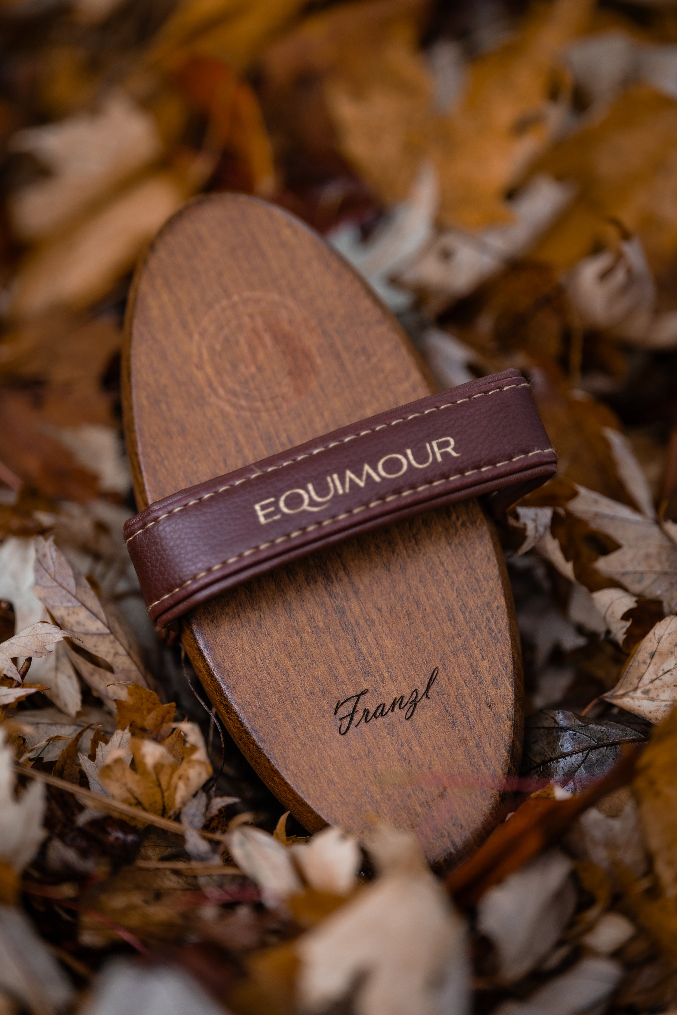 Exklusive Pferdebürste von Equimour aus hochwertigem Holz mit weichen Rosshaarborsten. Edles Design mit Lederhandschlaufe für optimalen Halt. Perfekt für die sanfte Fellpflege und Glanz des Pferdes. Individuelle Personalisierung möglich.