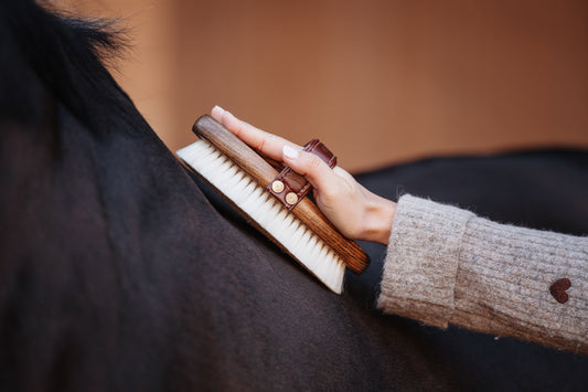 Edle Pferdebürste von Equimour aus hochwertigem Holz mit extra weichen Ziegenhaarborsten. Luxuriöses Design mit Lederhandschlaufe für optimalen Halt. Ideal für die sanfte Pflege und den ultimativen Glanz des Pferdefells. Individuelle Personalisierung möglich