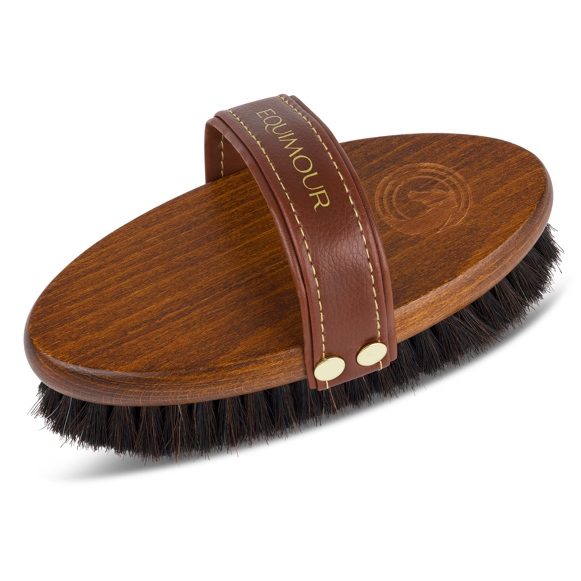 Exklusive Pferdebürste von Equimour aus hochwertigem Holz mit weichen Rosshaarborsten. Edles Design mit Lederhandschlaufe für optimalen Halt. Perfekt für die sanfte Fellpflege und Glanz des Pferdes. Individuelle Personalisierung möglich.