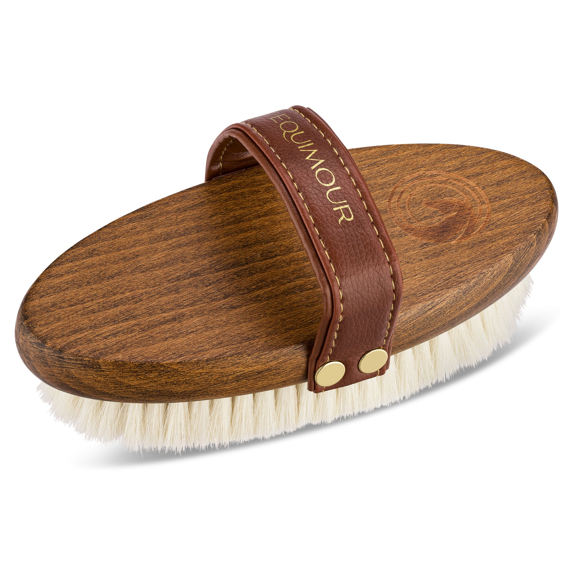 Edle Pferdebürste von Equimour aus hochwertigem Holz mit extra weichen Ziegenhaarborsten. Luxuriöses Design mit Lederhandschlaufe für optimalen Halt. Ideal für die sanfte Pflege und den ultimativen Glanz des Pferdefells. Individuelle Personalisierung möglich