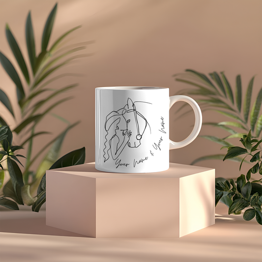 Minimalistische, personalisierte Tasse mit einer One-Line-Zeichnung von Pferd und Mensch. Individuelle Namensgestaltung möglich – ideales Geschenk für Pferdeliebhaber.