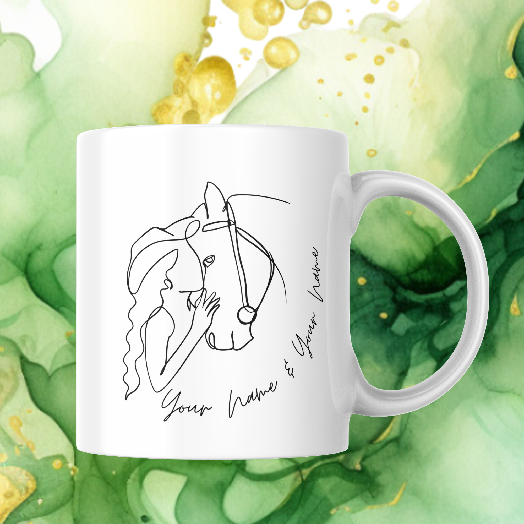 Minimalistische, personalisierte Tasse mit einer One-Line-Zeichnung von Pferd und Mensch. Individuelle Namensgestaltung möglich – ideales Geschenk für Pferdeliebhaber.