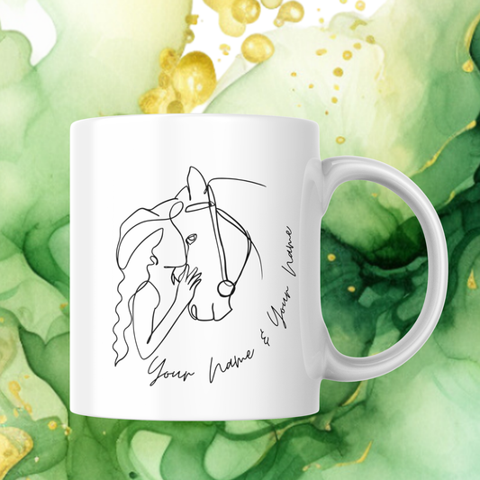Minimalistische, personalisierte Tasse mit einer One-Line-Zeichnung von Pferd und Mensch. Individuelle Namensgestaltung möglich – ideales Geschenk für Pferdeliebhaber.