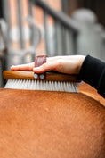 Load image into Gallery viewer, Edle Pferdebürste von Equimour aus hochwertigem Holz mit extra weichen Ziegenhaarborsten. Luxuriöses Design mit Lederhandschlaufe für optimalen Halt. Ideal für die sanfte Pflege und den ultimativen Glanz des Pferdefells. Individuelle Personalisierung möglich