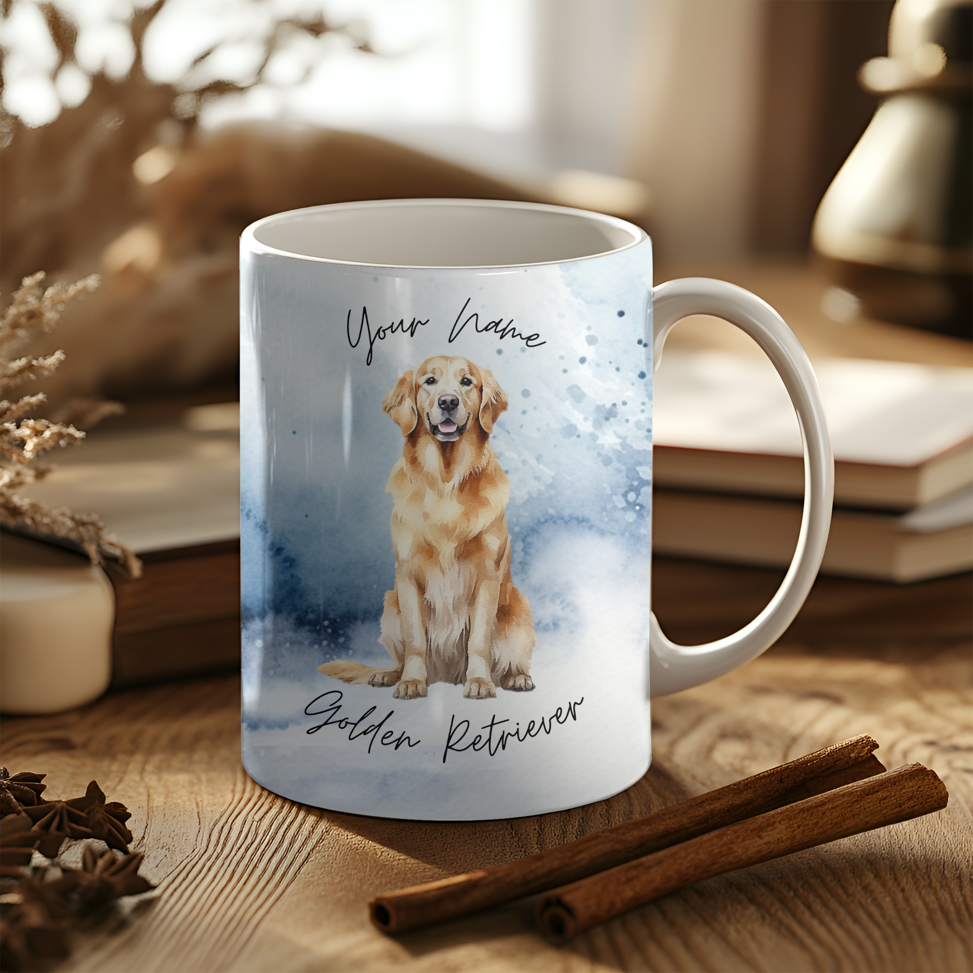Personalisierte Tasse mit Golden Retriever Motiv und Aquarell-Hintergrund. Individuelle Gestaltung mit Namen möglich – das perfekte Geschenk für Hundeliebhaber.