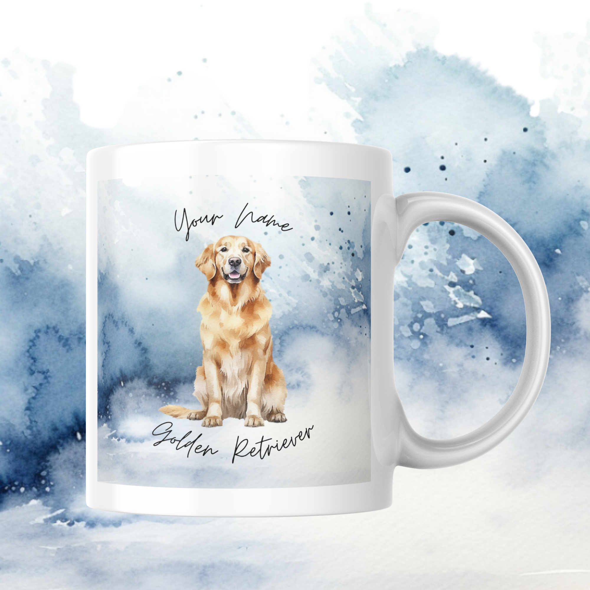 Personalisierte Tasse mit Golden Retriever Motiv und Aquarell-Hintergrund. Individuelle Gestaltung mit Namen möglich – das perfekte Geschenk für Hundeliebhaber.