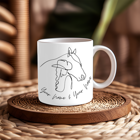 Personalisierte Tasse mit minimalistischer Pferd-und-Reiter-Linienzeichnung. Individuell gestaltbares Geschenk für Pferdeliebhaber mit Namensgravur. Perfekt für Reiter und Pferdefans