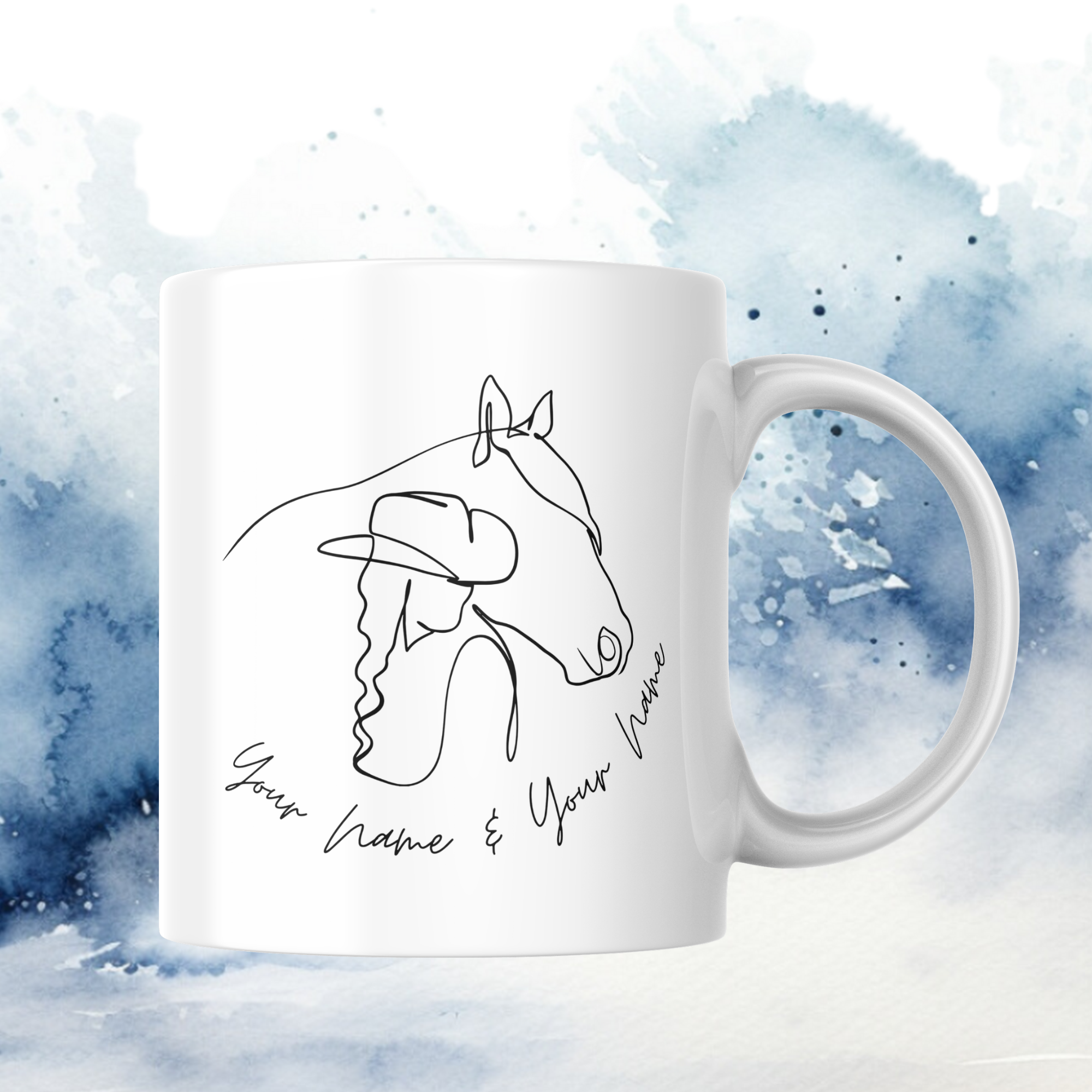 Personalisierte Tasse mit minimalistischer Pferd-und-Reiter-Linienzeichnung. Individuell gestaltbares Geschenk für Pferdeliebhaber mit Namensgravur. Perfekt für Reiter und Pferdefans