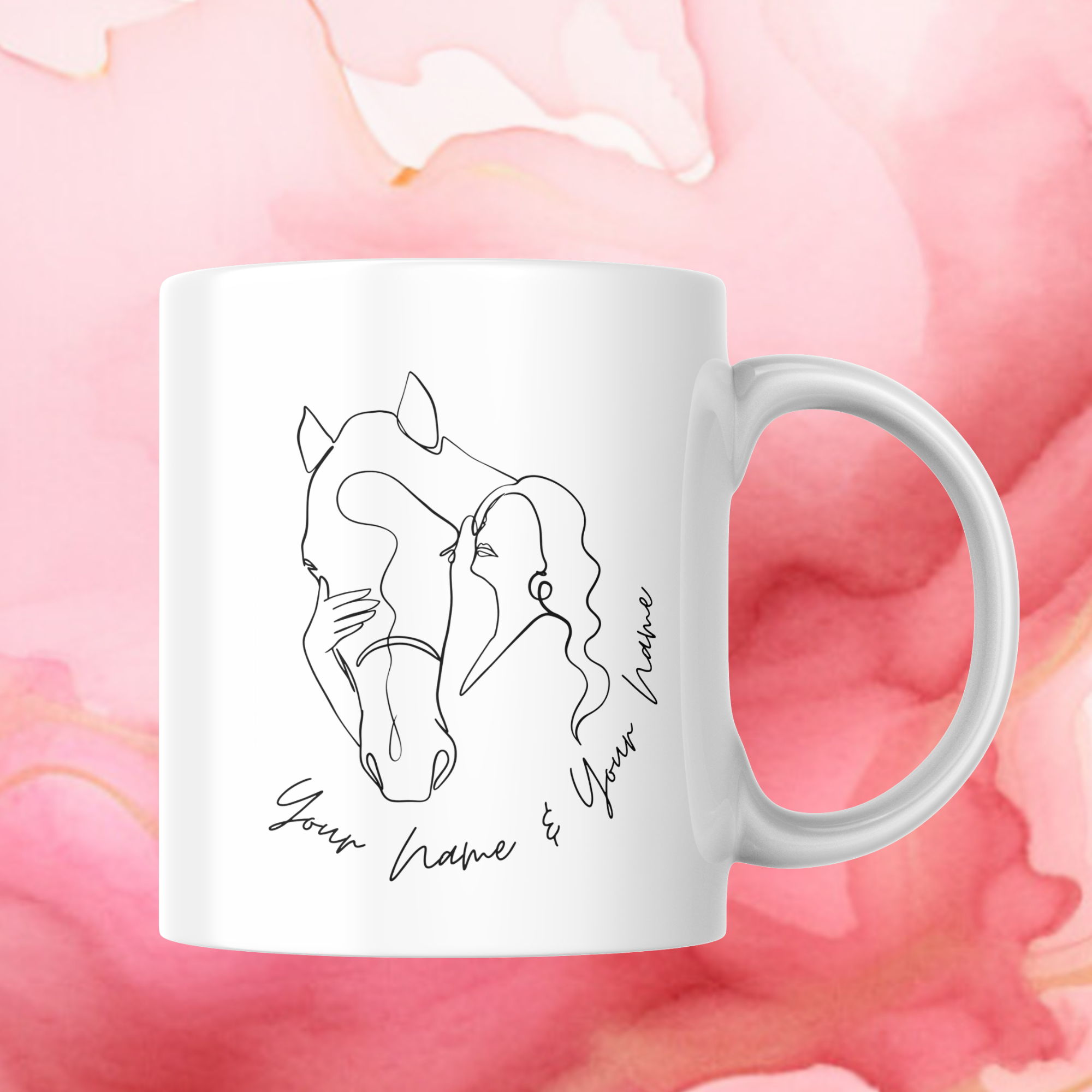 Minimalistische, personalisierte Tasse mit einer One-Line-Zeichnung von Pferd und Mensch. Individuelle Namensgestaltung möglich – ideales Geschenk für Pferdeliebhaber.
