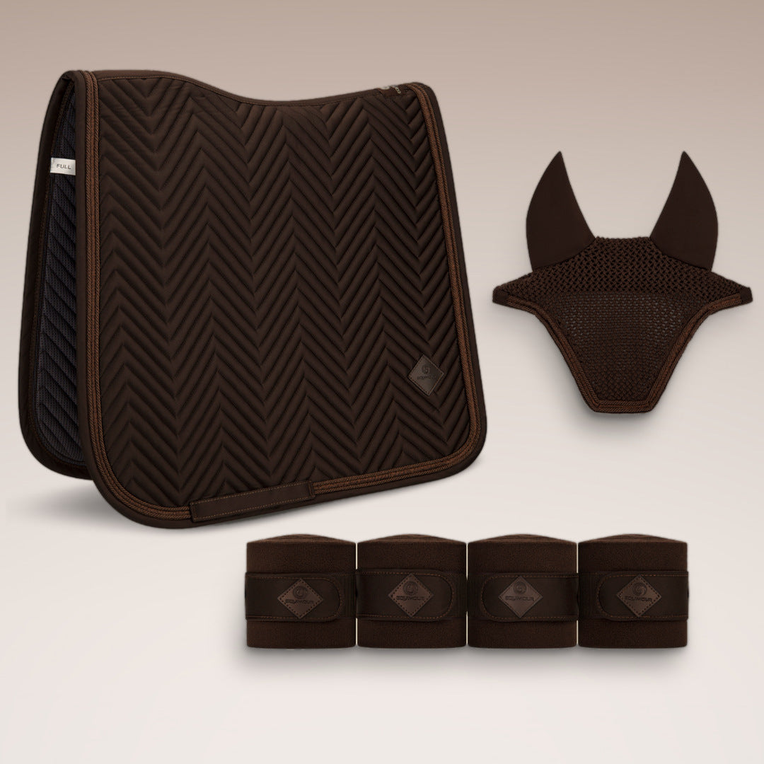Dressage set Pure Chocolate with saddle pad, fly bonnet and bandages – Equimour
