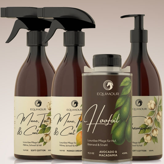 Pflegeset für Pferde mit Shampoo, Sprays und Huföl – Equimour